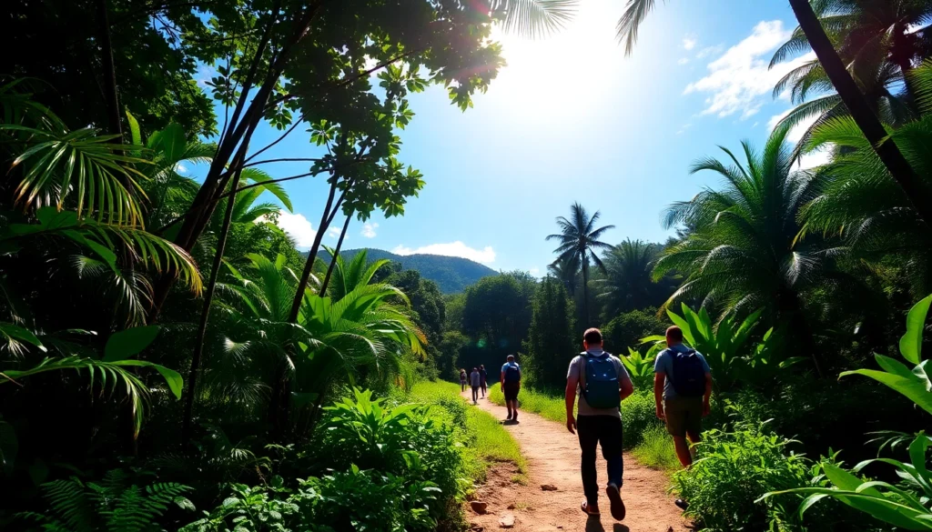 Hiking activity in lush tropical forest with hikers and scenic trail, emphasizing outdoor adventure in Indonesia.
