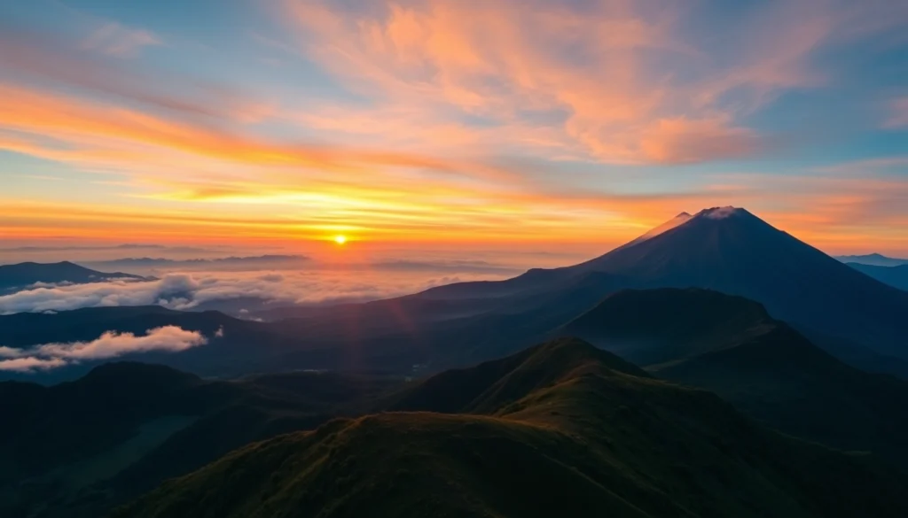 A panoramic view of Mt. Rinjani’s volcanic peak surrounded by lush forests and morning mist, showcasing the mountain's grandeur and natural allure.