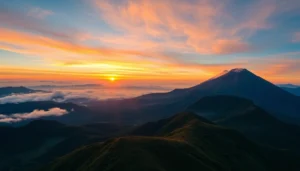A panoramic view of Mt. Rinjani’s volcanic peak surrounded by lush forests and morning mist, showcasing the mountain's grandeur and natural allure.