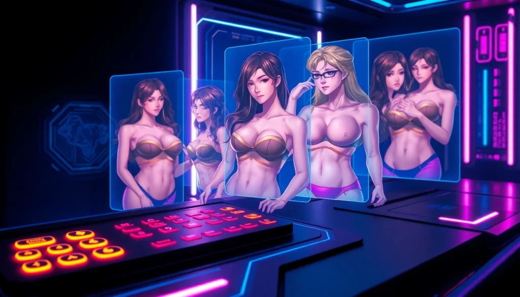 An illustration of a futuristic AI interface with adult characters and holographic visuals in a dark, neon-lit setting.