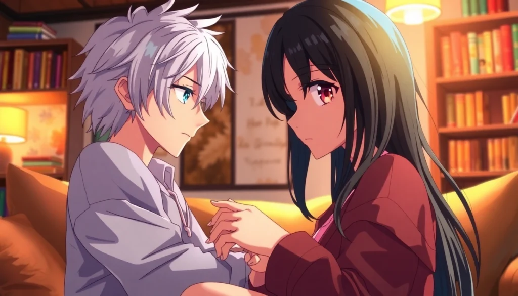Two anime-style characters having an intimate conversation in a cozy room with warm lighting.