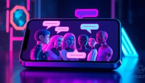 Futuristic digital scene of AI characters engaging in a vibrant, neon-lit chat on a modern device, emphasizing high-tech and adult-themed interaction.