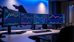 Professional trader analyzing Best Online Trading Platforms UK on multiple monitors in a modern