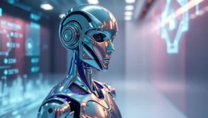 未來科技風格的3D人形機器人，站在現代化高科技環境中，金屬光澤、藍紫色點綴，背景模糊的數位界面與全息投影，展現未來感與科技感