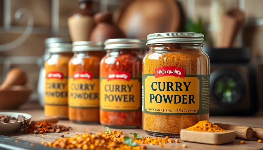 Premium Curry Powder in spice jars showcasing rich colors and authentic packaging for culinary use