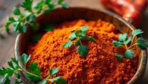 Curry Powder displayed in a rustic bowl with fresh herbs, emphasizing rich aroma and quality
